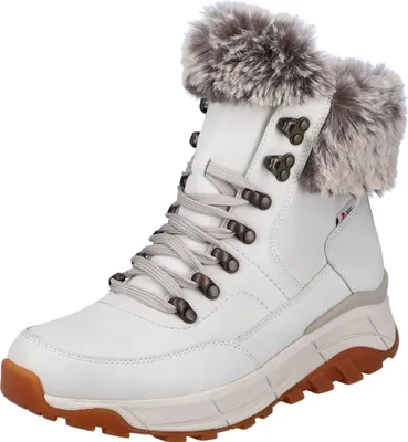 A white winter boot with gray laces and faux fur trim.