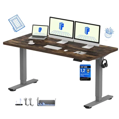 Image de Bureau réglable en hauteur FLEXISPOT EN1 160 x 80 cm, capacité de charge 100 kg, avec protection anti-collision,  plateau en une seule partie, 4 fonctions mémoire (marron)
