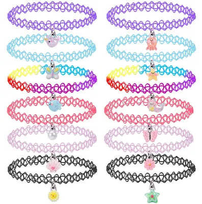 Produktbild von Choker-Ketten – Set mit 12 Stück – Anhänger mit Einhorn, Regenbogen und Herz – Elastisch – Schwarz, Rosa und Blau