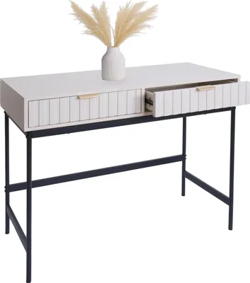 A white console table with a black metal frame, featuring two drawers and a vase with dried flowers on top.