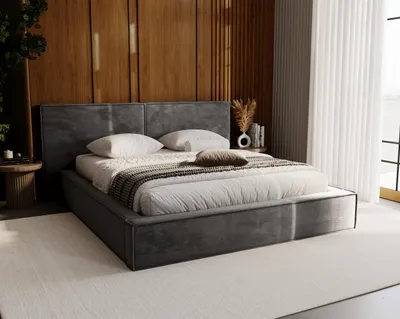 Obrázek produktu pro Čalouněná postel 200x200 cm Elda – manželská postel s velkým čelem – rošt, úložný prostor – samet tmavě šedý