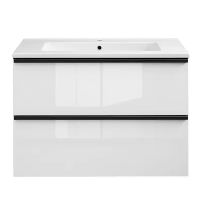 Produktbild von Waschtisch mit Unterschrank ONE mit Waschbecken 2 große Schubladen Weiß Hochglanz 60x50x46  hängend Badmöbel Badezimmer Waschbeckenschrank Badmöbel