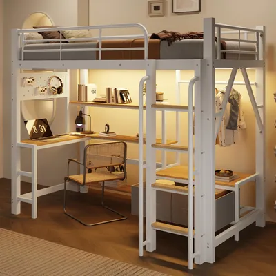 Produktbild von Flieks Etagenbett 90x200cm mit Led, Hochbett mit Schreibtisch und Ablagen, Kinderbett Jugendbett mit USB und Schubladen, Metallbett Weiß