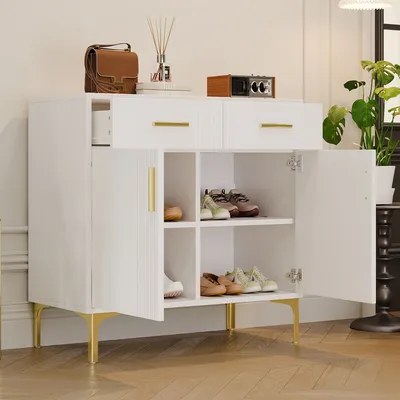 Produktbild von okwish Sideboard mit 2 Türen,Kommode mit  2  Schubladen,Aufbewahrungsschrank mit Metallgriffen und Metallfüßen,Weiß