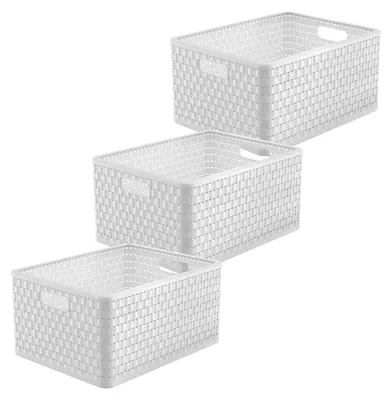 Produktbild von Rotho 3er Set Aufbewahrungsboxen 28L Country - Organizer je 43 x 32 x 21,5 cm - Kunststoffbox in Rattan-Optik - Küchen Stapelbox aus Kunststoff