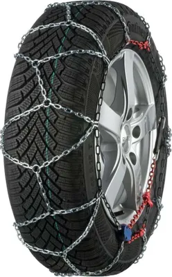 A tire with snow chains attached.