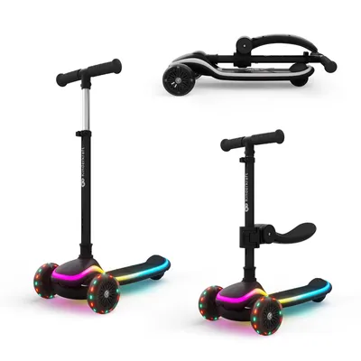 Immagine prodotto di Kinderkraft RAKET UP – Monopattino 2 in 1 con sedile, luci LED e ruote RGB, regolabile in altezza, pieghevole, monopattino per bambini, nero