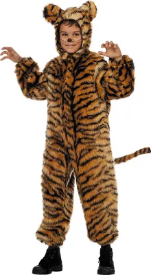 A child wearing a full-body tiger costume with ears and a tail, standing against a white background.