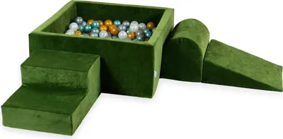Zdjęcie produktu dla Piankowy plac zabaw z kwadratowym basenem 90x90x40 Velvet Soft Olive + 400 piłek: Masa perłowa, srebro, złoto, metaliczny turkus