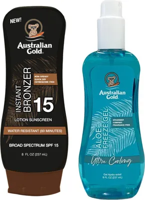 Productafbeelding van Australian Gold bruiningslotion met bronzer SPF15 + Aloe Freeze Gel verkoelende aftersun spray Bruiningsset