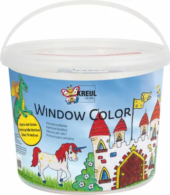 A bucket of window color paints with illustrations of a dragon, unicorn, and castle.