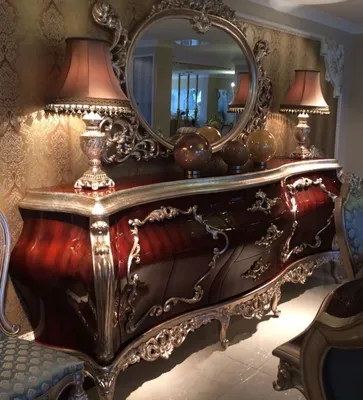 Produktbild von Casa Padrino Luxus Barock Möbel Set Sideboard mit Spiegel Dunkelbraun / Silber - Prunkvoller Massivholz Schrank mit elegantem Wandspiegel - Möbel im Barockstil