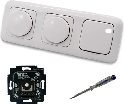 Produktbild von Busch Jäger 6523U-102 (2 x) LED Drehdimmer Dimmer + Dimmerscheiben 2115-214 und Lichttaster 2020 US in Reflex Si alpinweiß glänzend inklusive EBROM Phasenprüfer zur Montage der Geräte 6523 U – 102