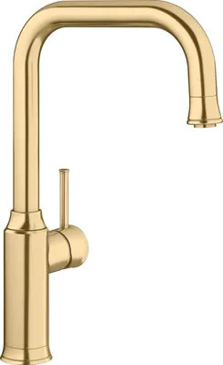 A studio shot of a gold-colored kitchen faucet against a white background.