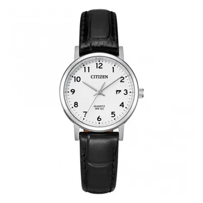 A close-up studio shot of a Citizen watch with a white face and black leather strap.