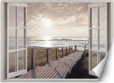 Produktbild von Vlies fototapete Fenster mit Blick auf den Strand 210x150 cm Feeby Beige inkl. Kleber einfache Montage