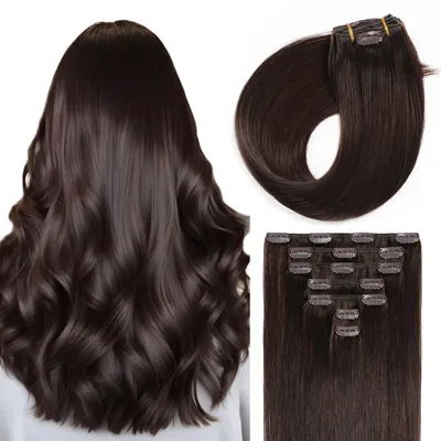 Obrázek produktu pro Clip-in prodlužovací vlasy, přírodní vlasy, tmavě hnědé, 40 cm, 70 g, 7 kusů