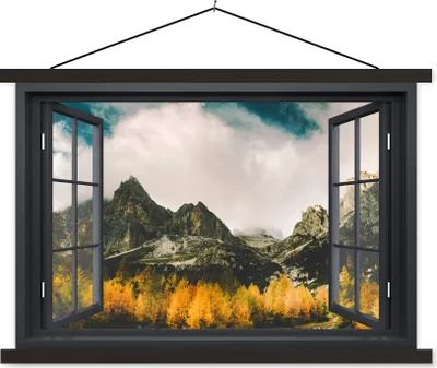 Produktbild von MuchoWow® Textilposter Aussicht - Natur - Berge 60x40 cm mit schwarzem Rahmen - Hölzernes