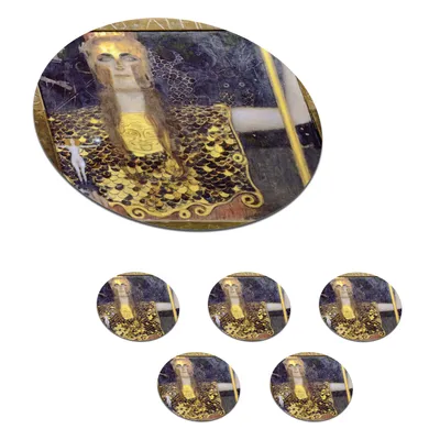 Obrázok produktu pre MuchoWow® Okrúhly sklenený podšálok, sada 6 ks Pallas Athéna - obraz, Gustav Klimt 10x10x0.3cm Podložky pod poháre - podložky pod nápoje - ochrana