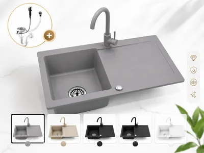 Produktbild von Faizee Home Granitspüle Grau 75 × 44 cm – Eckige Einbauspüle mit Abtropffläche, reversibel montierbar, Küchenspüle für Unterschränke ab 45 cm inkl. Siphon-Set