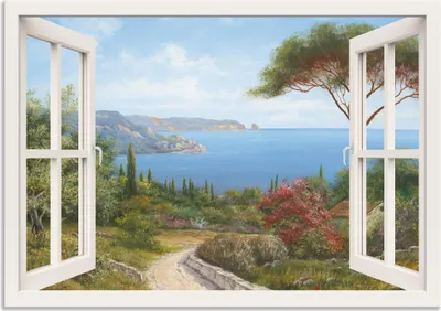 Produktbild von ARTland Wandbild Alu für Innen & Outdoor Fensterblick - Haus am Meer, weiß Größe: 70x50 cm