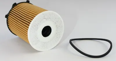 A car oil filter and a rubber gasket are shown against a white background.