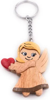 Produktbild von Onwomania Handmade Holz Schlüsselanhänger Engel Himmelsbote mit Herz Liebe