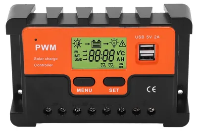 Obrázok produktu pre PWM solárny regulátor, 12 V/24 V, automatická identifikácia, 28 AWG až 10 AWG, 10 A, nabíjanie s LCD, 2 výstupy USB 5 V