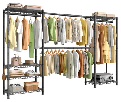 Produktbild von SONGMICS Garderobenständer mit Haken, offener Kleiderschrank, verstellbare Ablagen, für Schlafzimmer, ausziehbar, schwarz