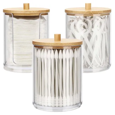 Image de Support 3 pièces pour cotons-tiges, distributeur de disques de coton, boîte de rangement en acrylique transparent pour cotons-tiges, pour produits cosmétiques, disques de coton et cotons.