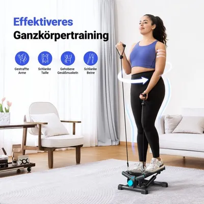 Image de Mini stepper – Noir – Inclut des élastiques de résistance – Appareil de fitness compact et hydraulique pour une utilisation à domicile