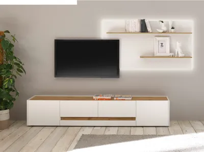 Produktbild von TV-Wand CRISP-61 mit LED-Beleuchtung in weiß mit Absetzungen in Wotan Eiche Nb., B/H/T: ca. 300/180/45 cm