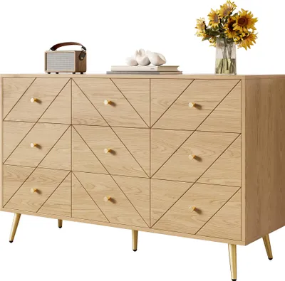 Produktbild von Kommode - 120x39x80 cm - 9 Schubladen & Eisenbeine - geometrisches Muster