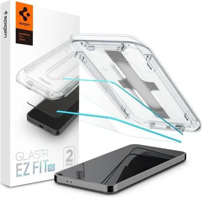 A product shot of a phone screen protector kit, including the packaging, an applicator tray, and the screen protectors themselves, with a phone in the foreground.