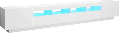 A white TV stand with blue LED lights.