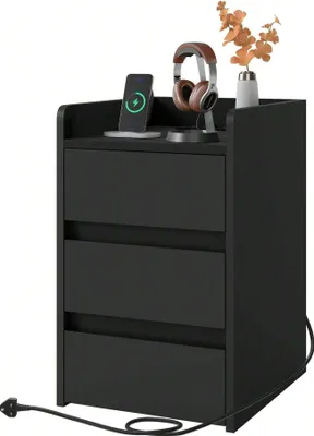 Produktbild von BALCONERA Nachttisch mit 3 Schubladen, Beistelltisch mit Ladestation, 2 USB-Anschlüssen und Steckdosen, Schwarz, 35x40x60cm