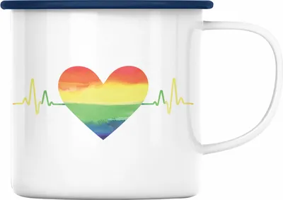 Produktbild von Trendation - Regenbogen Emaille Tasse Geschenk LGBT Schwule Lesben Transgender Grafik Pride Herzschlag (Blau)