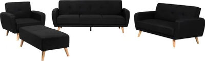 Produktbild von BELIANI Sofa Set 4-Teilig Schwarz Stoffbezug mit Schlaffunktion 3-Sitzer Sofa 2-Sitzer Sofa Sessel u. Ottomane Skandi Modern Wohnzimmer Sitzgruppe