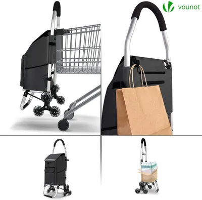 Produktbild von VOUNOT® Aluminium Einkaufstrolley Treppensteiger, Trolly Einkaufswagen Klappbar mit Haken 6 Räder, Schwarz