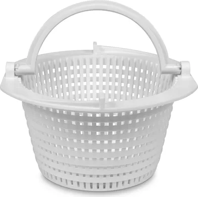 A white plastic skimmer basket with a white plastic handle, shown from the front.