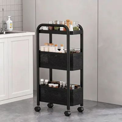 Produktbild von Schmaler Nischenwagen - Küchenwagen - 3 Etagen - 15 cm Breit - Edelstahl - Mit Rollen - Schwarz