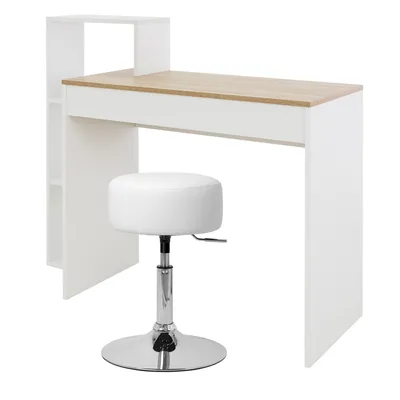 Obrázok produktu pre ML-Design písací stôl s taburetkou, biely/dub sonoma, počítačový stôl s policou, čalúnená taburetka Ø33cm otočná s nastaviteľnou výškou