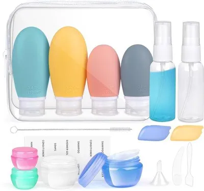 Image de Ensemble de flacons de voyage Famanu, 18 pièces - 30/60/100 ml, réutilisables, conformes aux réglementations TSA, anti-fuites
