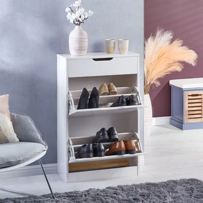 Produktbild von Schuhkipper BASIL, schöner Schuhschrank aus Kiefer in weiß, praktische Schuhkommode mit 1 Schublade und 2 Kipper, zeitlose Schuhablage im Landhausstil