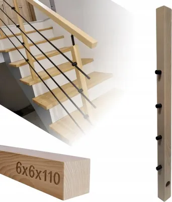 Obrázek produktu pro Čtvercové dřevo - Dřevěný sloupek - pro zábradlí - 6x6x110 cm - Bukové dřevo - Kompletní montážní sada - Průchozí madla pro trubky s ⌀ 12mm