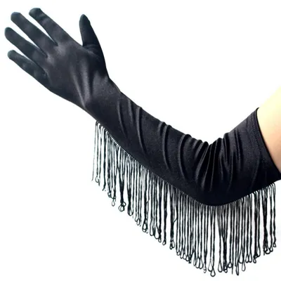 Produktbild von krautwear Damen Ellenbogenlange Satin Abendhandschuhe Handschuhe Mit Fransen (49 cm) (1 Paar schwarz, One Size)