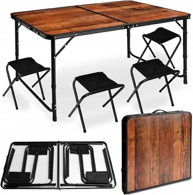 Imagen del producto de Mesa plegable con 4 sillas, plegable, de 120x60 cm, con asa de transporte y ajuste de altura. Mesa para camping