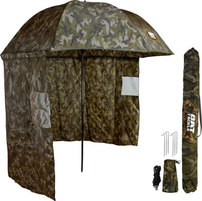A camouflage fishing brolly tent and its accessories are displayed against a white background.