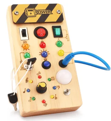 Produktbild von Montessori Busy Board Activity Board ab 1 Jahr Holzspielzeug mit 15 LED Lichtschalterspielzeug Sensorisches Lernspielzeug für Babys 8 Schalter + 15 Leds