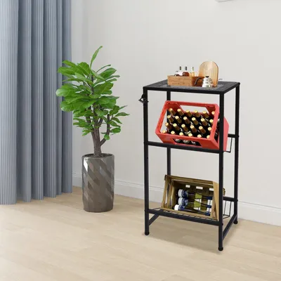 Obrázok produktu pre Regál na nápojové prepravky – 3 poschodia – výškovo nastaviteľný – jednoduchá montáž – uhlíková oceľ – 50 × 33 × 98 cm – čierny